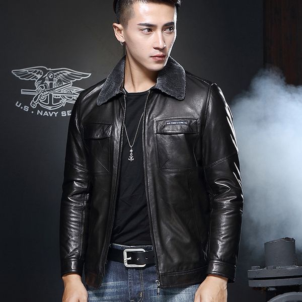 

winter new leather leather men wool inner korean version of the lapel jacket youth motorcycle jacket, Black