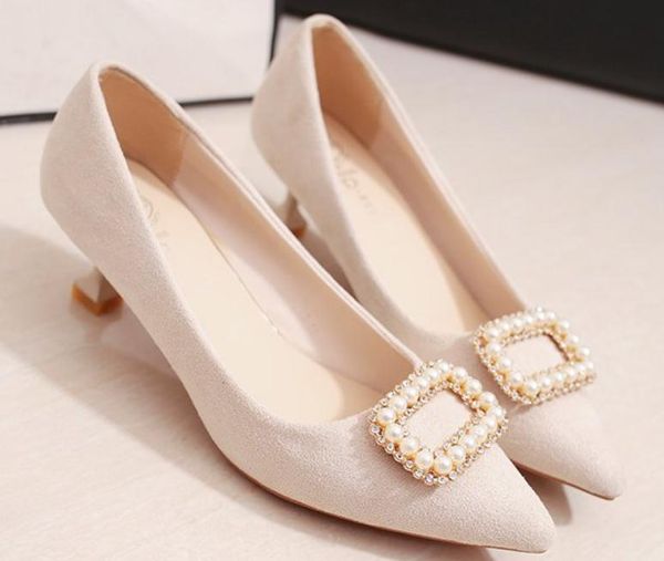 

2018 suede women's shoes in spring and autumn with new style middle heel fine heel pointed end water drill, Black