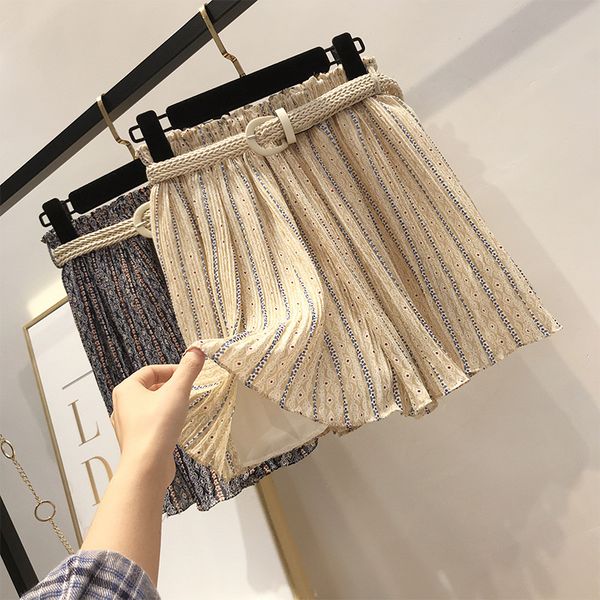 

boho summer shorts 2019 new women loose high waisted shorts sweet floral woven belt wide leg holiday beachwear culottes, White;black