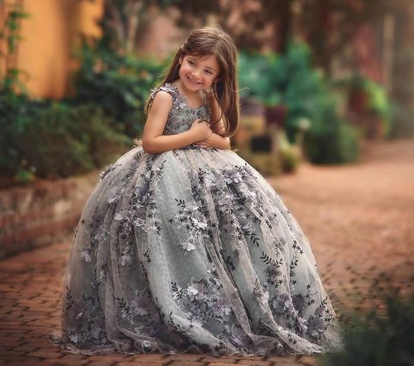 

lace little girls pageant dresses 3d appliques toddler ball gown flower girl dress floor length beaded first communion gowns, White;red