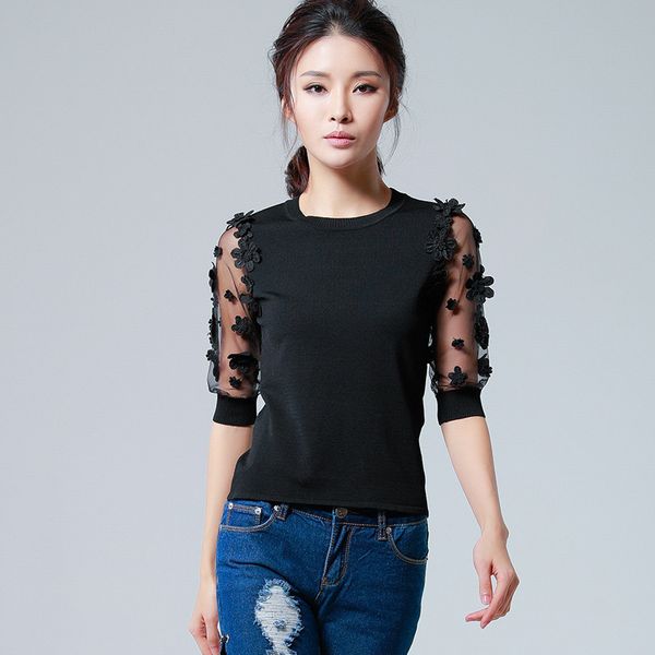 

женский дизайнерский свитер темперамент изогнутый шарик пуловер свитер осень тонкий похудение трехмерная вышитая половина sleeveudoc, White;black