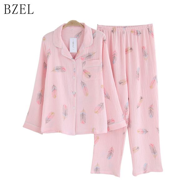 

bzel cotton pajamas sets long sleeve sleepwear turn-down collar nightwear pijama feminino at all seasons leisure home cloth 2pcs, Blue;gray