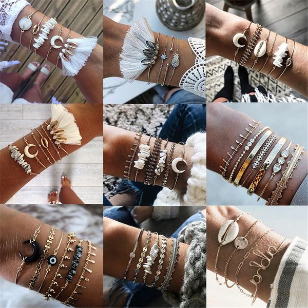 

9 style boho multilayer bangles punk shell moon stone crystal beads bracelet set women tassel charm party wedding jewelry gift, Golden;silver