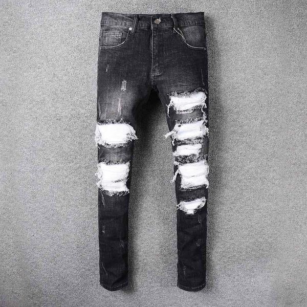 

2018 new famous luxury ami brand slim fit patchwork ri denim ripped zipper nightclub punk style hole biker skinny jeans stretch for men, Blue