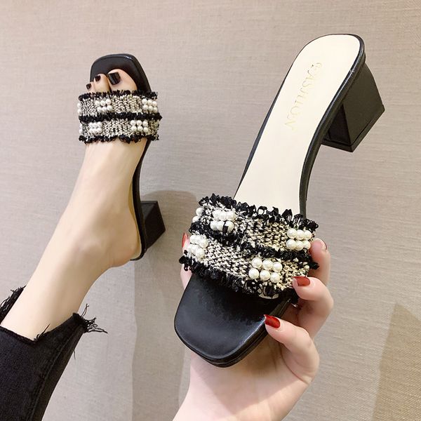

female shoes ladies' slippers string bead square heel slides med 2020 block cotton fabric rome hoof heels pu, Black