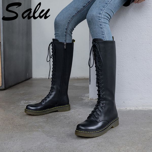 

salu punk women genuine leather knee high boots female motorcycle boots night club shoes woman platform chunky heels, Black
