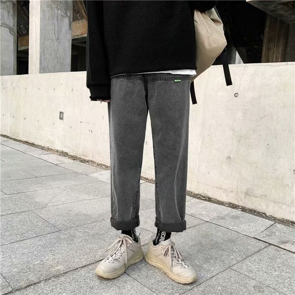 

hong kong style 2020 fashion denim hip hop wide-leg pants men loose retro ankle length pants youth jeans trend straight, Blue