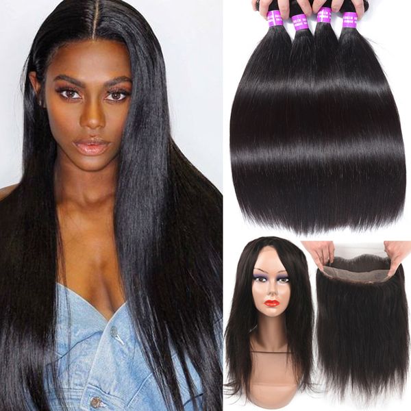 

brazilian straight virgin human hair 3 bundles with 360 lace frontal 9a human hair weave bundles with 360 lace frontal closure, Black