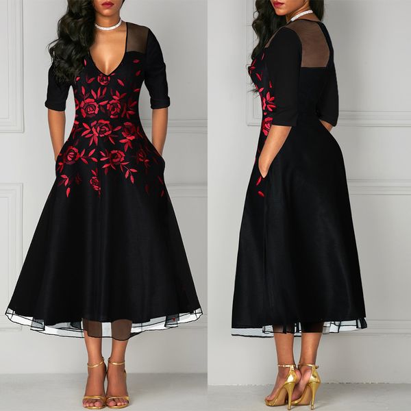 

летнее платье плюс размер женщина повседневного короткого рукав цветочной вышивка sexy v шеи макси платья партии женщин элегантного платье v, Black;gray