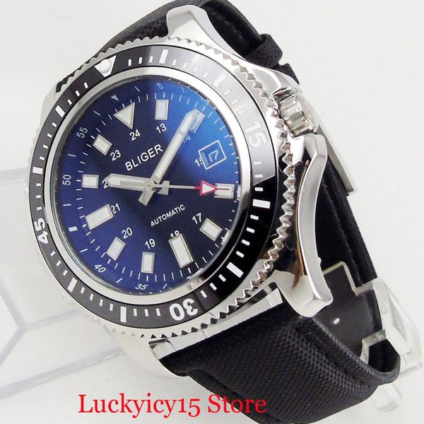 

bliger 44mm black dial miyota movement men self winding watches wristwatch rotating bezel, Slivery;brown