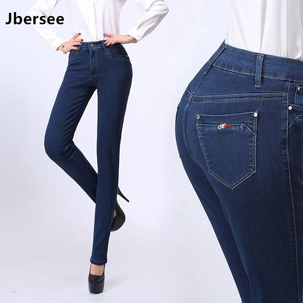 

jbersee fashion women's slim jeans woman plus size elastic high waist jeans washed dark blue pencil pants yz2072