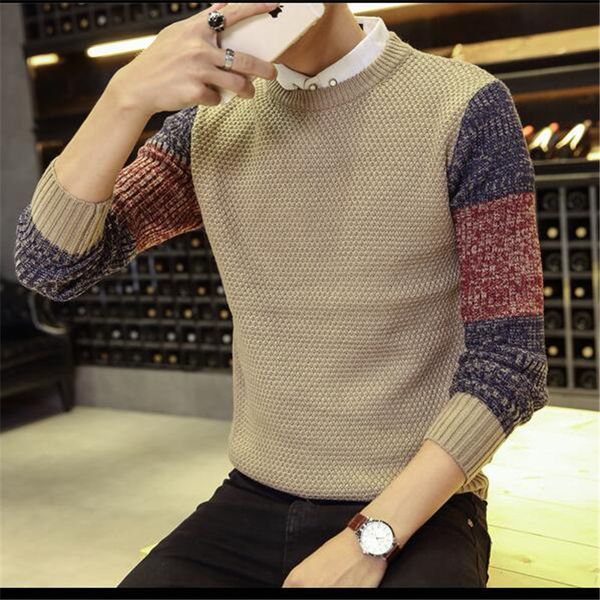 

winter new fleece thicken wool cotton fashion mens spliced sweaters man's knitwear clothes o-neck pullovers sweatercoats, White;black