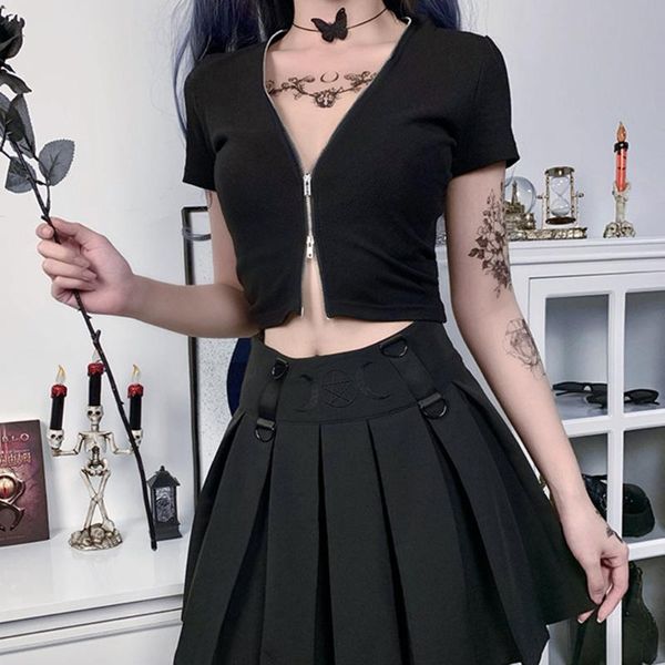 

2020 кардиган футболка летняя gothic женщины топы sexy короткие топ тройники с коротким рукавом на молнии повседневная черный футболки прохл, White