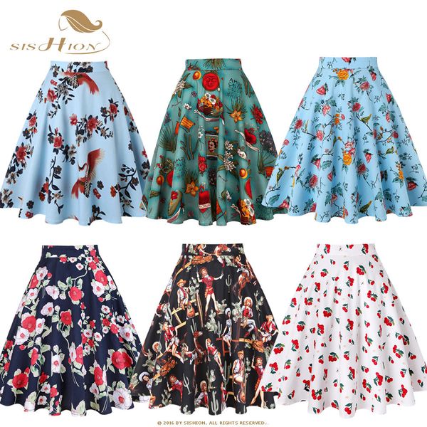 

xixixihua designed women's skirt, large, white, pink, green, blue, women's summer skirt, vintage skates, painting in the 1950s, Black;gray
