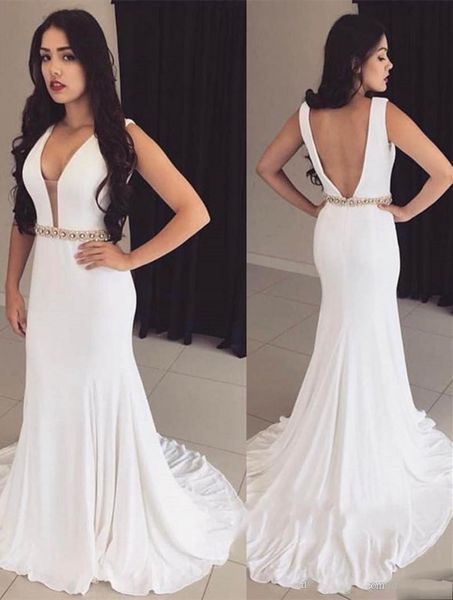 

Sheer Neck White Long Mermaid Prom Dresses 2019 with V Back Evening Gowns with Court Train Custom Made Special Occasion Dresses