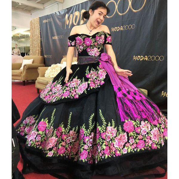 

printed floral lace black sweet 16 dresses off shoulder short sleeves sashes open back quinceanera dress ball gowns prom fashion, Blue;red