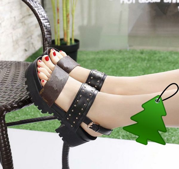 

with box luxury 1a3red letter printing rivets metal buckle high heel shoes leather laureate platform sandal casual shoes size 36, Black