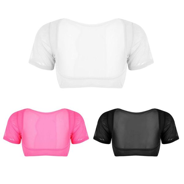 

women sheer mesh transparent t-shirt short sleeve open bust mini crop top, White