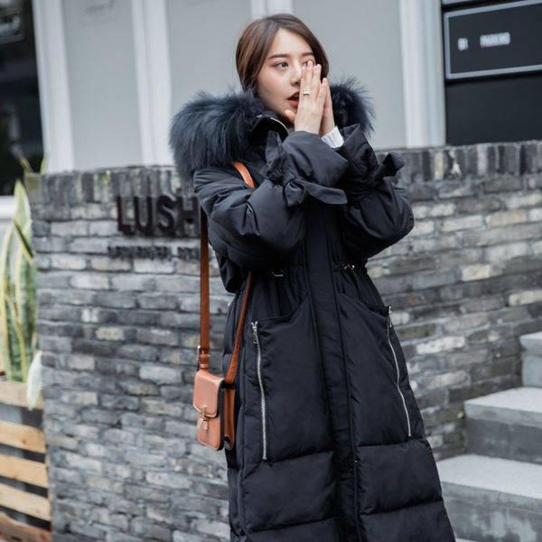 

winter style korean style large fur collar pike down jacket women mid-length loose fit waist hugging casual coat fashion outwear, Black