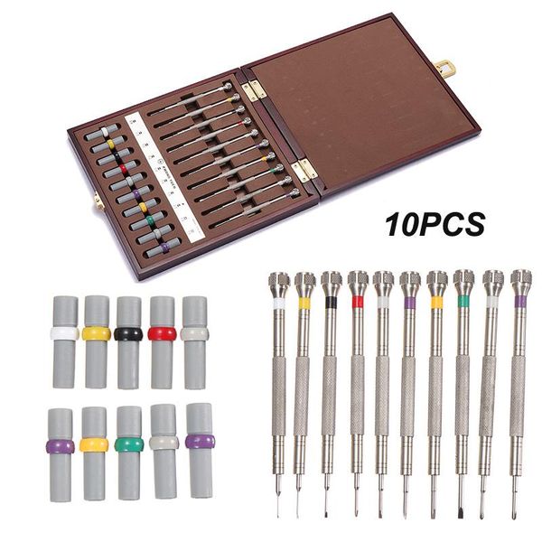 

10pcs/kit watch repair screwdrivers/ weight sleeves in wooden box with extra driver pins for each size,watch tools