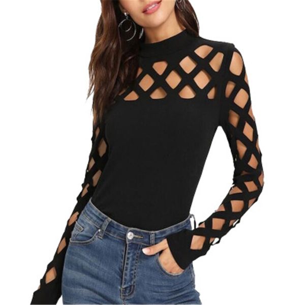 

daddy chen streetwear t shirt women tshirt hollow sleeve women blouses solid o-neck hollow out rhombus casual poleras mujer, White