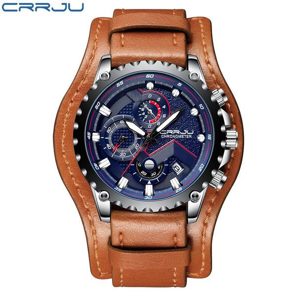 

cwp 2021 CRRJU Chronograph Leather Watches Men's Sport Luminous Quartz Top Brand Male Military Multifunction Wristwatch, Black