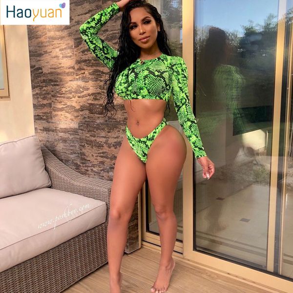 

haoyuan snake print 2 pcs outfits long sleeve crop +panties shorts swim suit summer beach women two piece matching sets, White