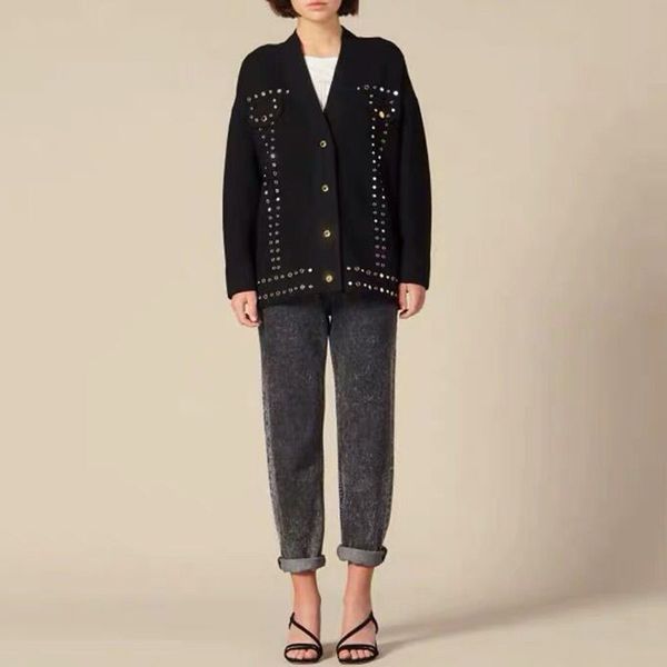 

french women loose cardigan coat double pocket single breasted jacket cute sweet girl casual long knitted cardigan black top, White