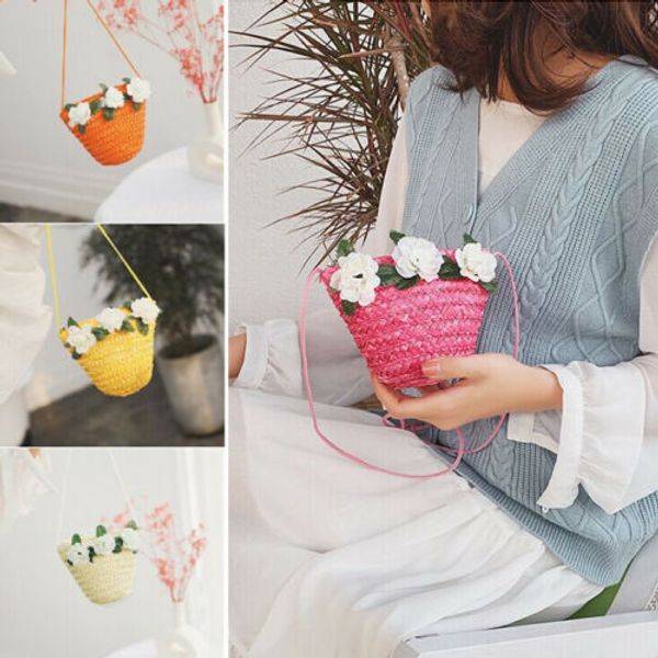 

women ladies straw beach shoulder bag round fluffy woven holiday tote handbag