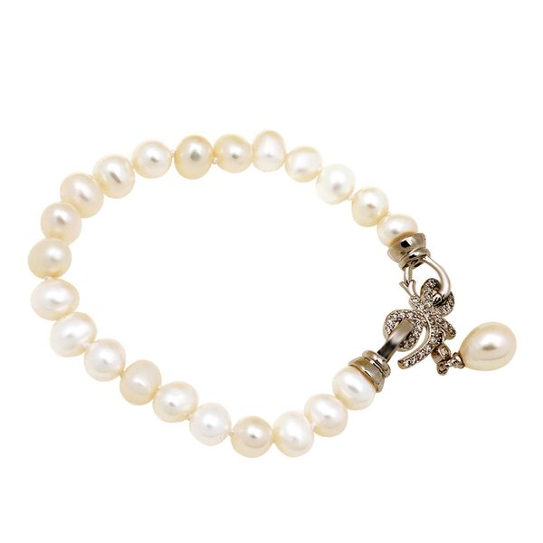 

simple bow natural freshwater pearl bracelet 925 silver crystal buckle 7-8mm, Golden;silver