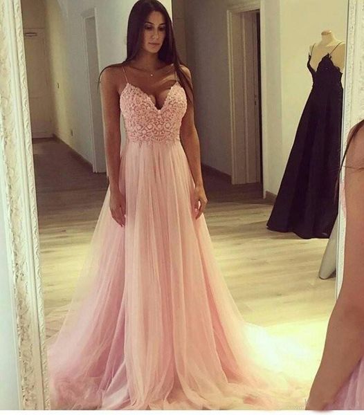 

Sexy Blush Pink Long Prom Dresses 2019 Lace Spaghetti Straps V-neck A Line Formal Evening Party Gowns vestidos de fiesta