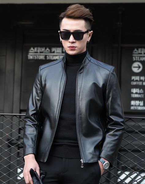 

men spring autumn casual faux leather zipper long sleeve jacket coat w103, Black
