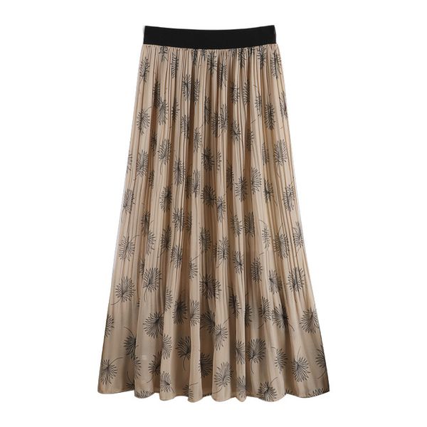 

female skirts women elegant high waist leaf print flower pleated skirt, Black