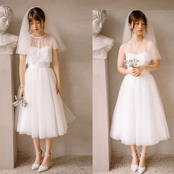 

summer ball gown tea length ivory wedding dress with lace bolero, White