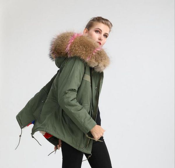 Di alta qualità marrone rosa pelliccia di procione trim Meifeng donne di marca cappotto di neve multicolore reticolo di pelliccia foderato verde militare tela mini parka