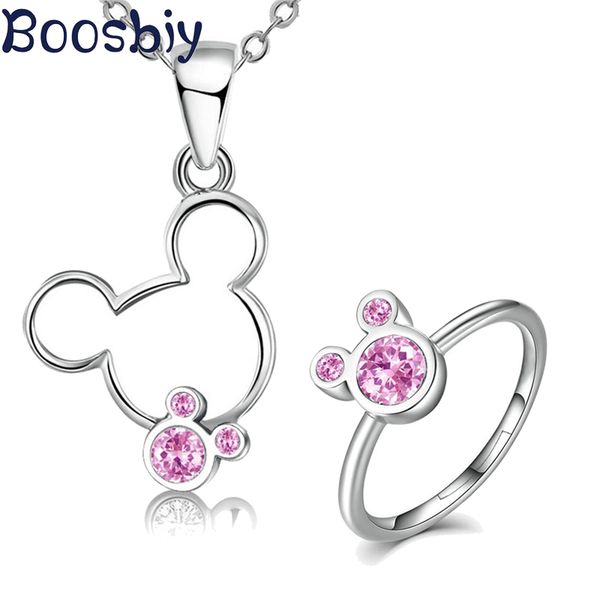 

boosbiy new fashion crystal necklaces rings jewelry set for women children's cute cartoon fine jewelry gift, Silver