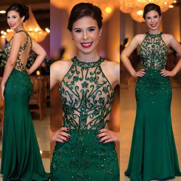 

graceful hunter green jewel neck backless evening formal dresses 2020 illusion beaded satin sleeveless long prom party gowns, Black;red