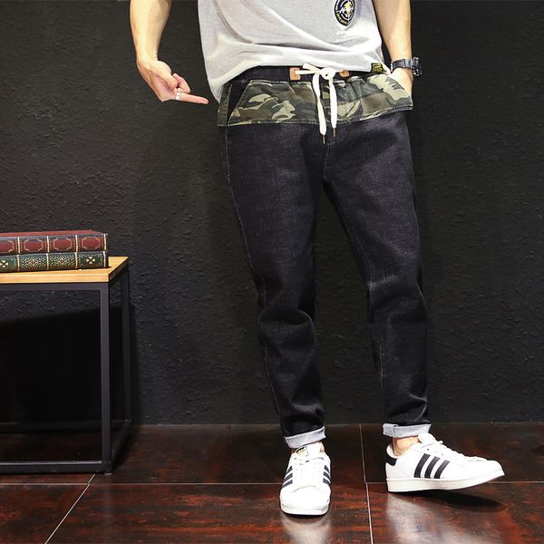 

fashion patchwork jeans men black camouflage slim pencil jean streetwear cowboys man elastic waist plus size s-7xl denim psmj35, Blue