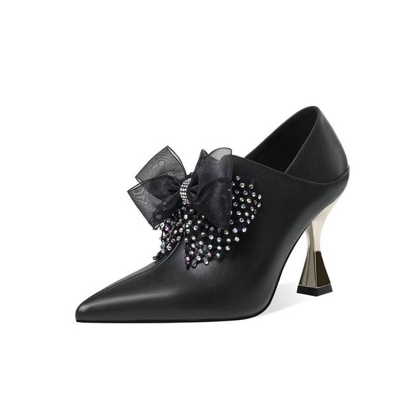 

new women flower high heels party wedding shoes woman genuine leather pointed toe spring summer prom pumps, Black