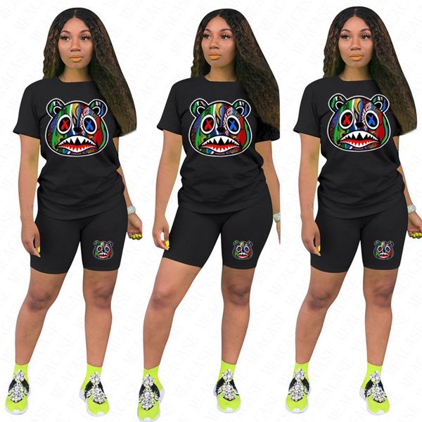 

women tracksuit cartoon designer animal face printing sportswear summer short sleeves t shirt shorts set two piece outfits sport suit d62302, White