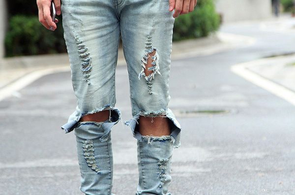 

fashion clothing fit slim men jeans fashion west gd style slp ripped holes designer slim pencil pants ing, Blue