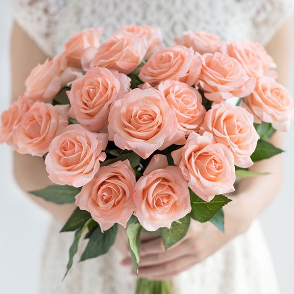 

roses flannel flower bridal pink silk artificial flowers bouquet fake flowers for home wedding decoration indoor