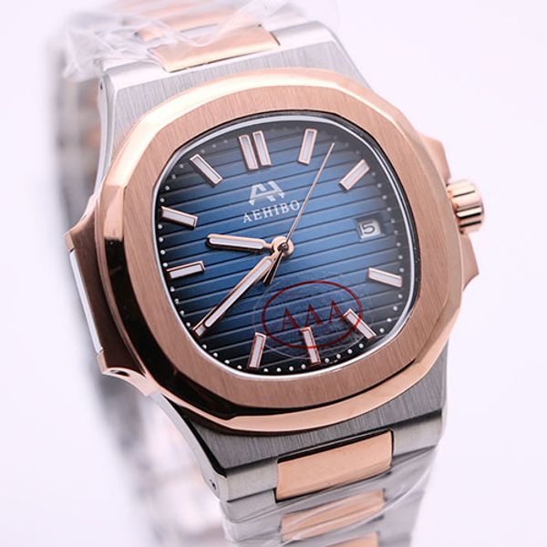 

two tone stainless steel band aehibo sapphire automatic mens watch oval blue dial watches 42mm skeleton transparent case back wristwatches, Slivery;brown