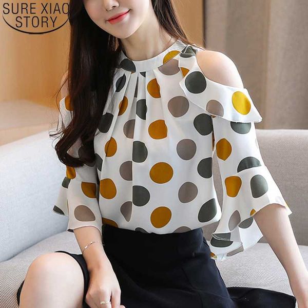 

short sleeve stand collar korean elegant chiffon blouse off-shoulder loose polka dot slim fit women chemisier femme 8983 50, White