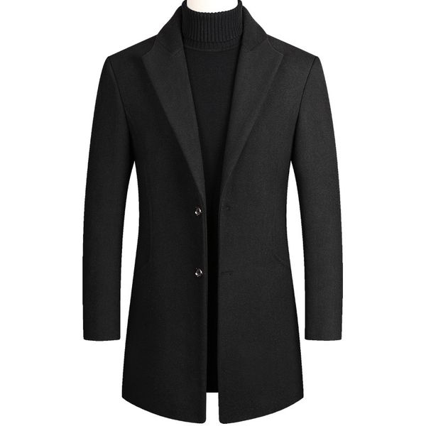 

men wool blends coats autumn winter solid color solid color long sleeve lapel men's wool blends coat male, Black