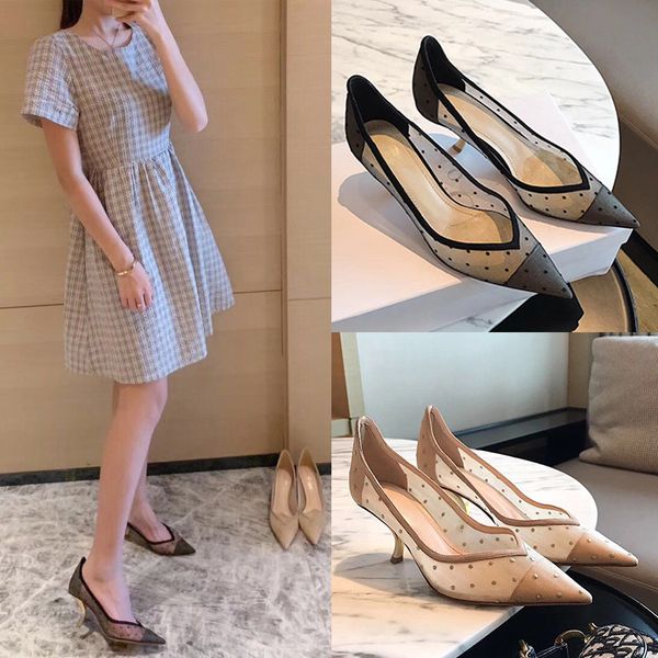 

2020 sell cat heel pumps shoe summer pointed-toe mesh high-heeled shoes luxury women party shoes pump shoe women heels, Black