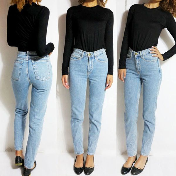 

black boyfriend jeans for women high waist denim zipper fly jeans vintage slim mom pencil jeans woman denim pants, Blue