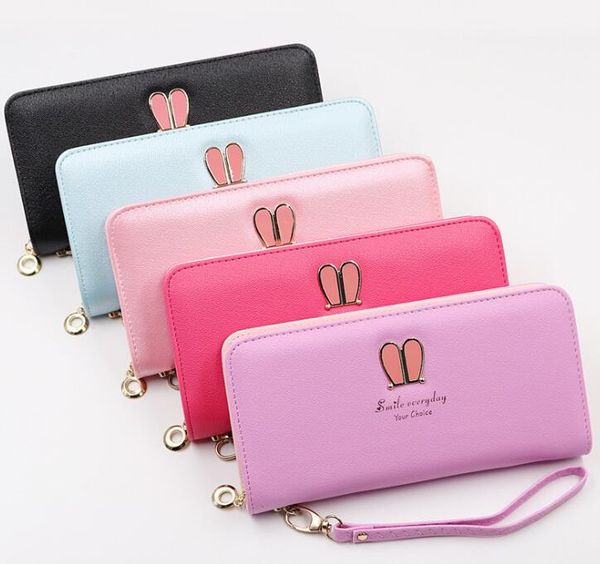 

dhl30pcs women pu rabbit decoration multifunctional long zipper wallet mix color, Red;black