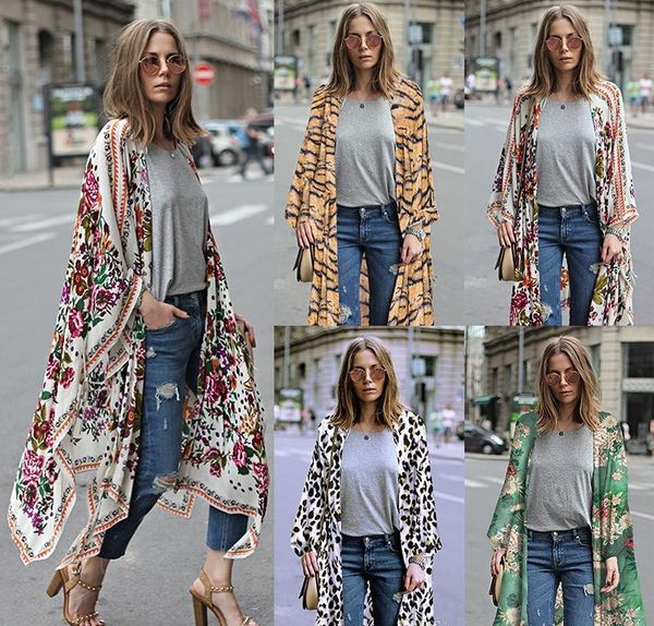 

elegant floral printed kimono blouses shirt women fashion long cardigan summer casual beach bohemian chiffon bikini swimwear cover ups, White