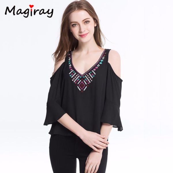 

bohemian embroidery chiffon blouse cold shoulder shirt women 2020 summer v-neck short sleeve female ladies clothing, White